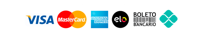 Formas de pagamento aceitas: Visa, MasterCard, American Express, Diners Club, Elo, boleto bancário, Pix e SSL